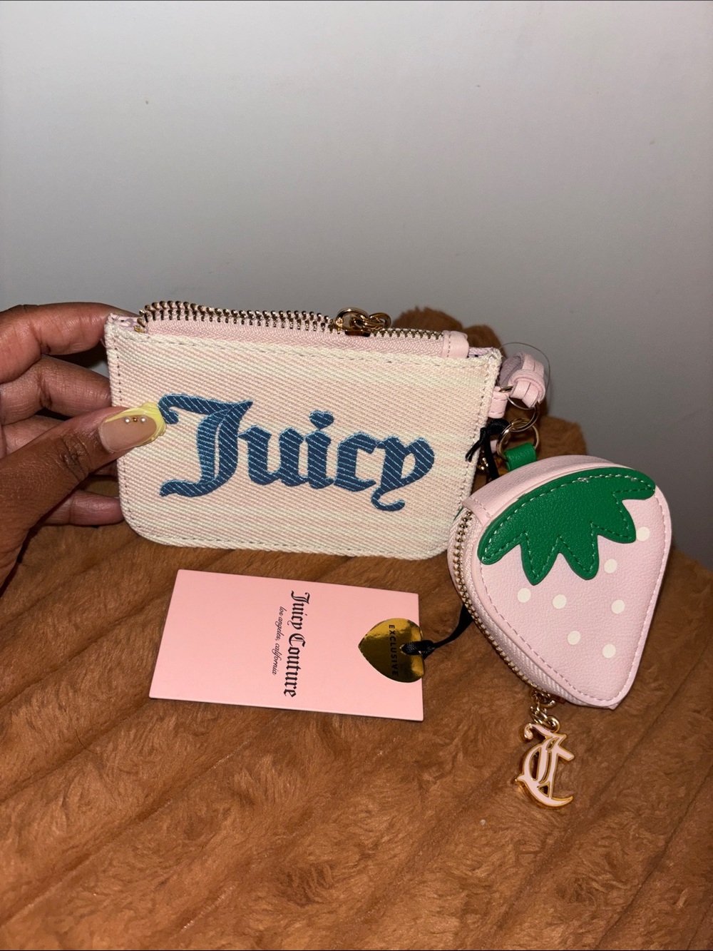 Juicy Couture Pink Canvas Coin Pouch with Green Strawberry Charm